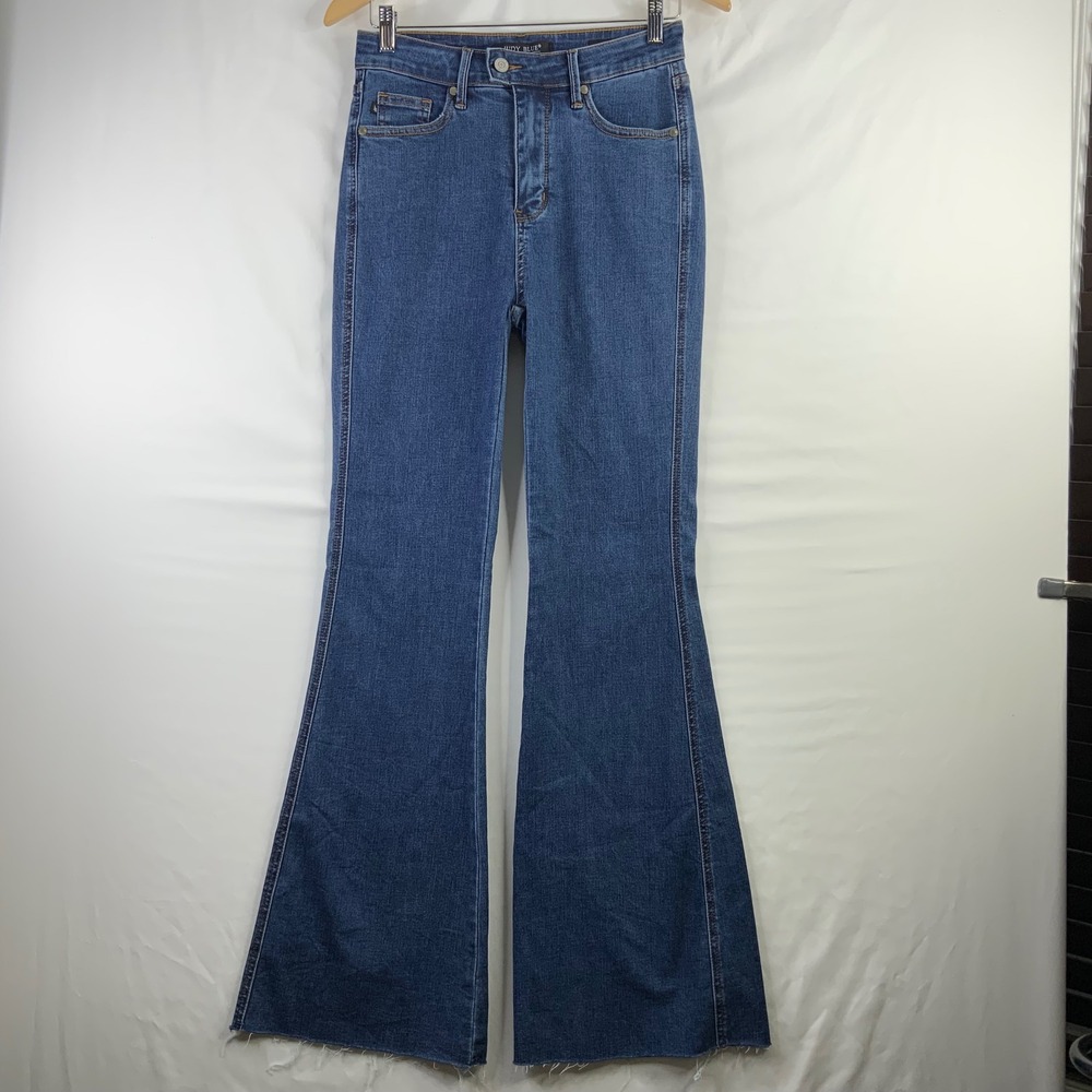 Judy Blue High Rise Flare Jeans Medium Wash Raw Hem Denim Womens